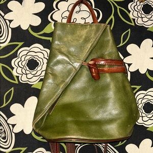Green Italian Leather Zippered Sling Backpack
